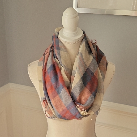 Brass Plum Infinity Scarf Blue, Red, Beige Plaid Women - Picture 1 of 6